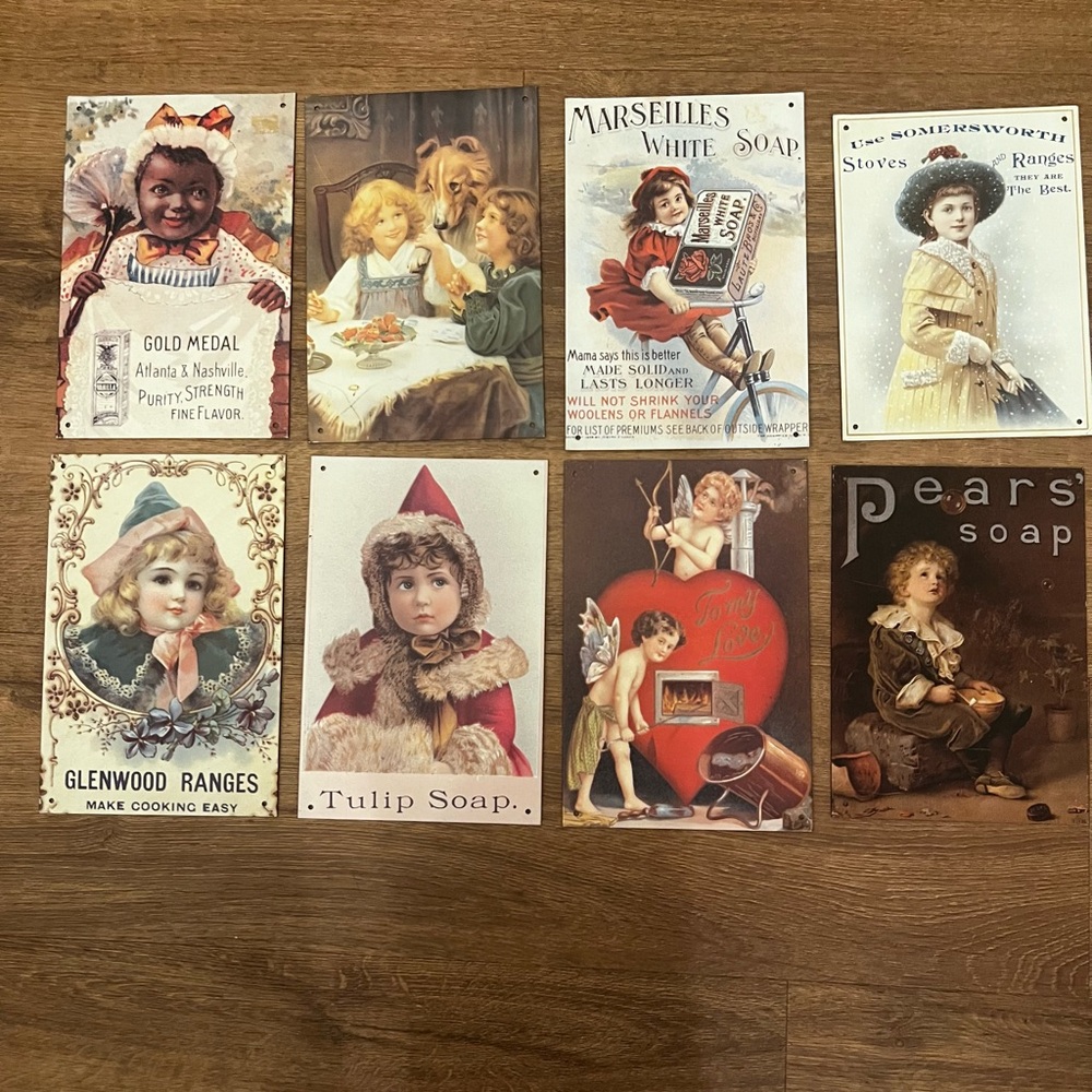 Vintage Style Soap, Range, & Other Advertisement Tin Signs lot of 8 or each